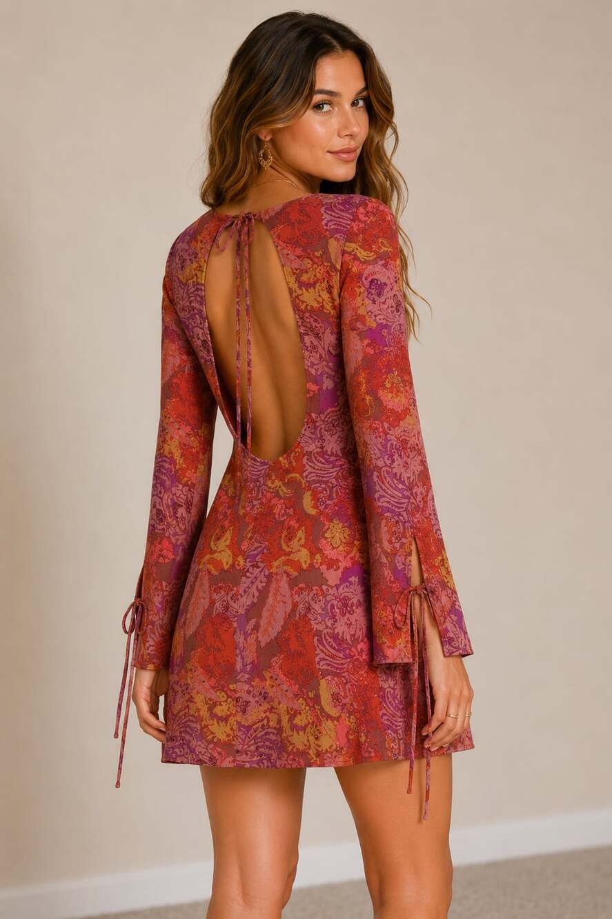 Urban Outfitters Paisley Open Back Bell Sleeve Mini Dress M Boho Festival Y2K